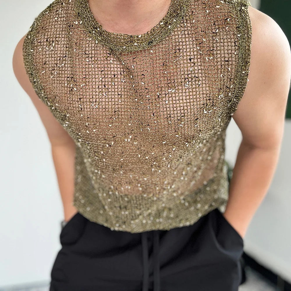 a sexy man in Green Dive Bar Sequin MeshTank - pridevoyageshop.com - gay men's fashion, clubwear, party outfit

