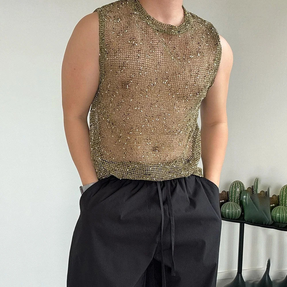 a sexy man in Green Dive Bar Sequin MeshTank - pridevoyageshop.com - gay men's fashion, clubwear, party outfit
