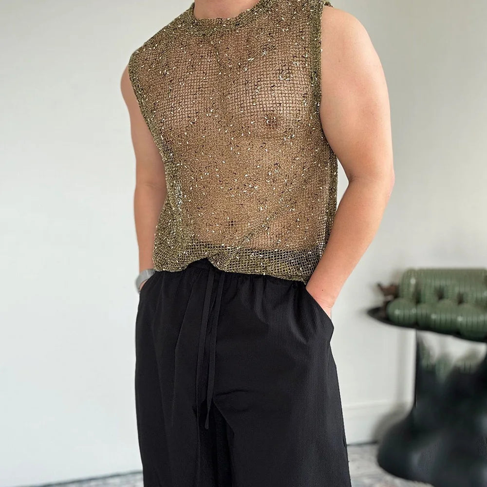 a sexy man in Green Dive Bar Sequin MeshTank - pridevoyageshop.com - gay men's fashion, clubwear, party outfit
