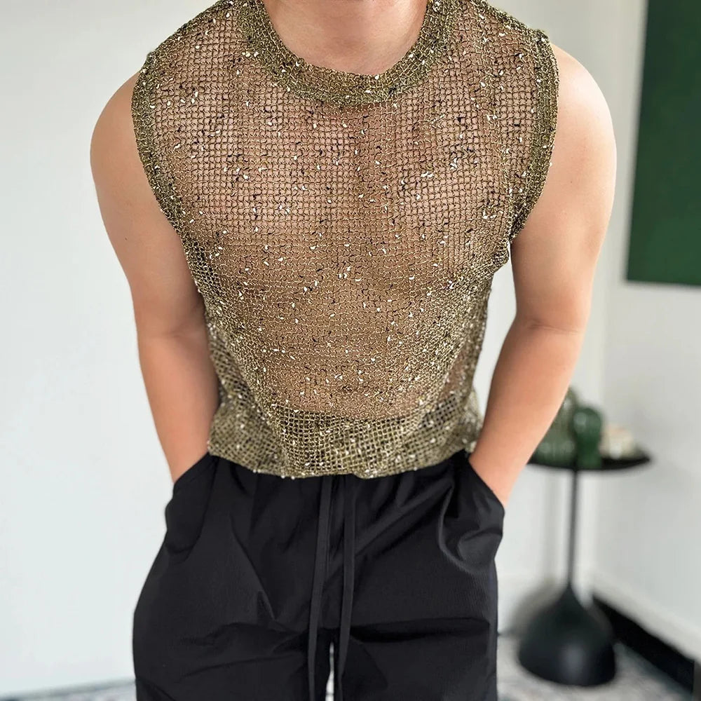 a sexy man in Green Dive Bar Sequin MeshTank - pridevoyageshop.com - gay men's fashion, clubwear, party outfit
