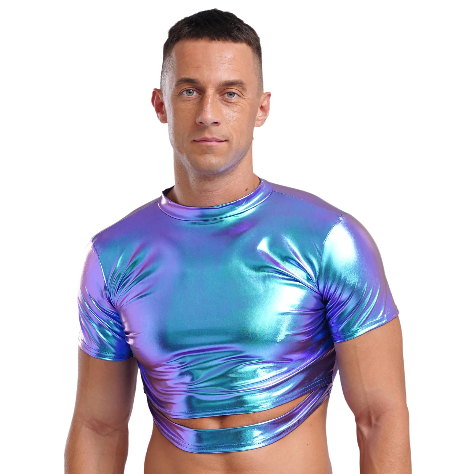 a sexy man in Holographic Blue Strobe Crop Tee - pridevoyageshop.com - gay men's fashion, clubwear, party outfit
