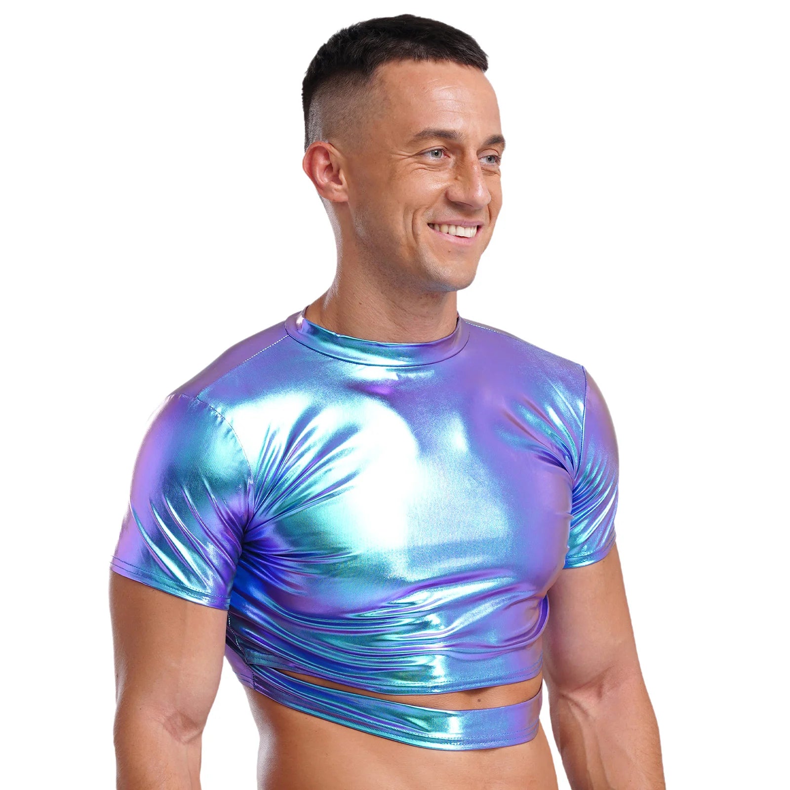 a sexy man in Holographic Blue Strobe Crop Tee - pridevoyageshop.com - gay men's fashion, clubwear, party outfit

