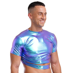 a sexy man in Holographic Blue Strobe Crop Tee - pridevoyageshop.com - gay men's fashion, clubwear, party outfit
