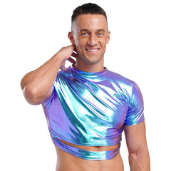 a sexy man in Holographic Blue Strobe Crop Tee - pridevoyageshop.com - gay men's fashion, clubwear, party outfit

