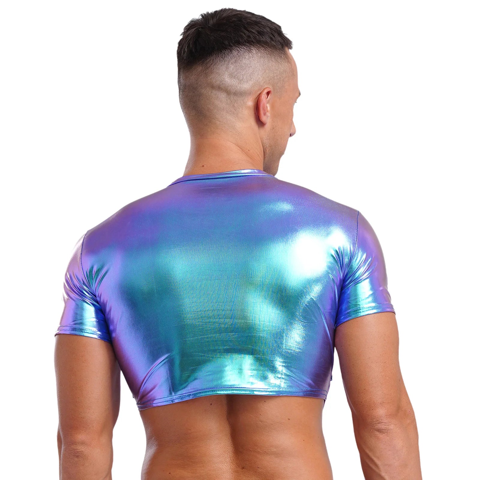 a sexy man in Holographic Blue Strobe Crop Tee - pridevoyageshop.com - gay men's fashion, clubwear, party outfit
