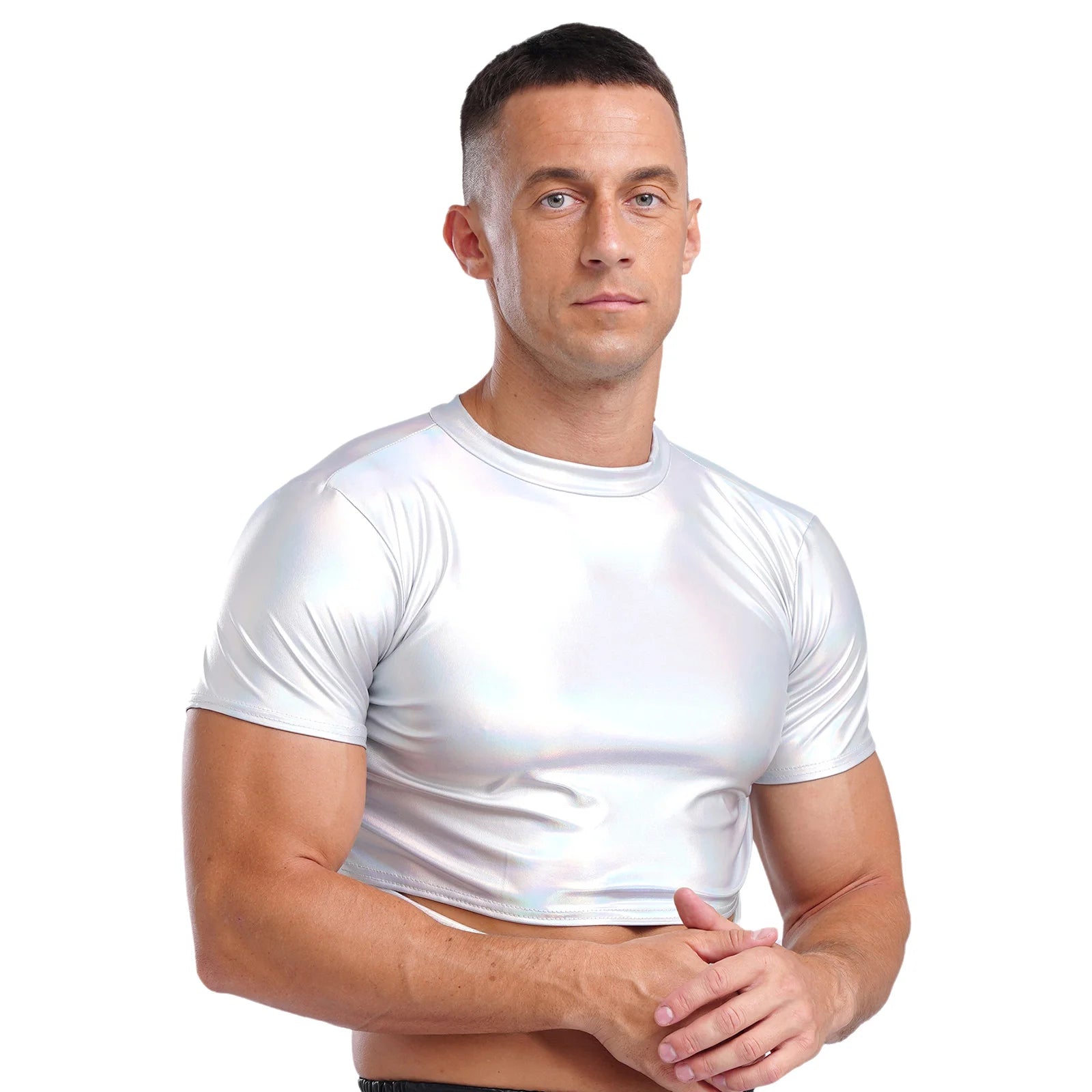 a sexy man in Holographic Silver Strobe Crop Tee - pridevoyageshop.com - gay men's fashion, clubwear, party outfit
