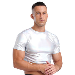 a sexy man in Holographic Silver Strobe Crop Tee - pridevoyageshop.com - gay men's fashion, clubwear, party outfit
