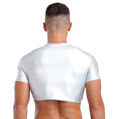 a sexy man in Holographic Silver Strobe Crop Tee - pridevoyageshop.com - gay men's fashion, clubwear, party outfit

