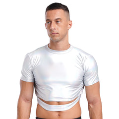 a sexy man in Holographic Silver Strobe Crop Tee - pridevoyageshop.com - gay men's fashion, clubwear, party outfit
