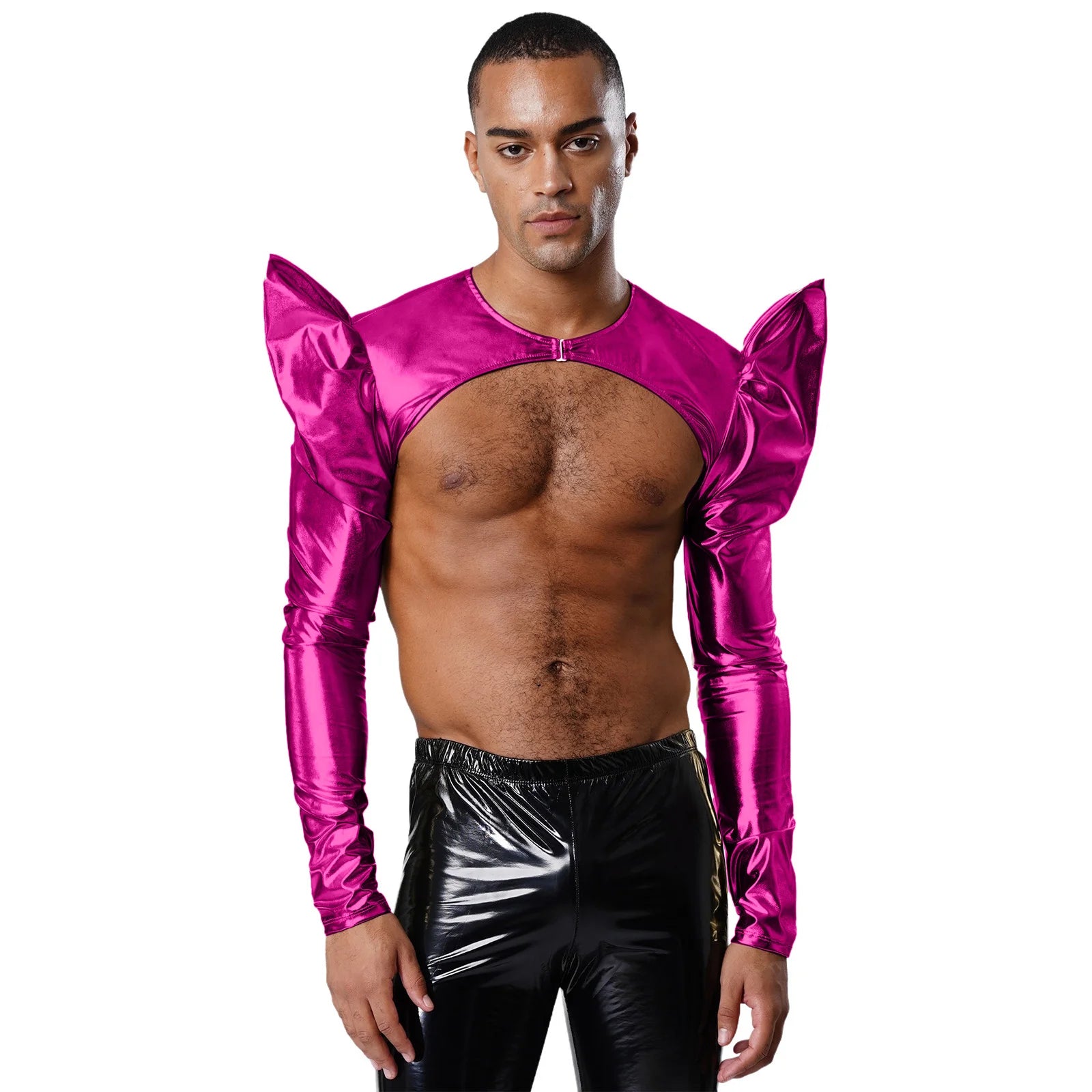 a sexy man in Hot Pink Pop Rocket Metallic Shiny Crop Top - pridevoyageshop.com - gay men's fashion, clubwear, party outfit
