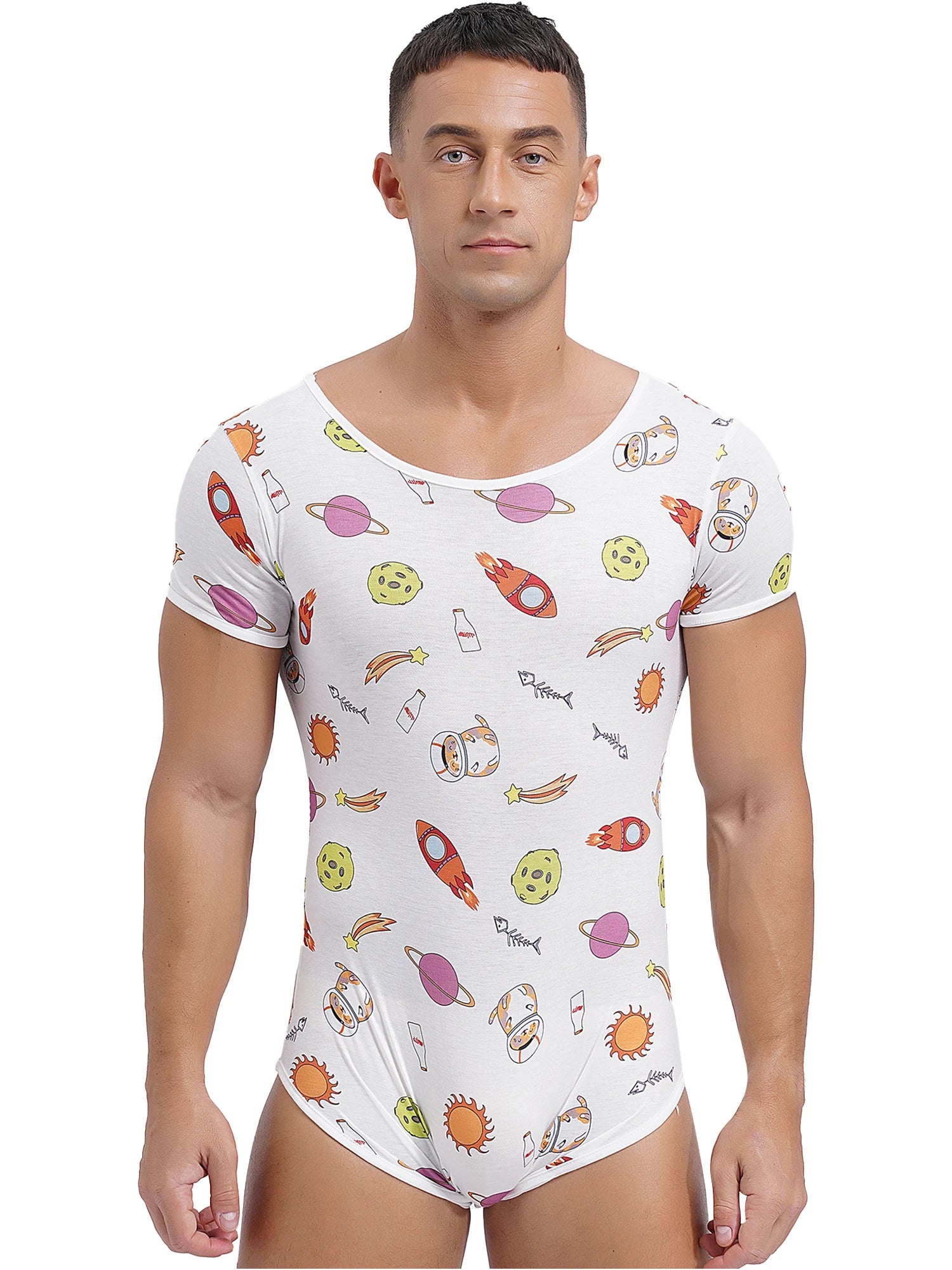a sexy man in Intergalactic Yum Daddy’s Boy Printed Onesie, outer-space cute print, tight fit, cosmic baby boy fantasy – pridevoyageshop.com – gay men’s harness, lingerie and fetish wear