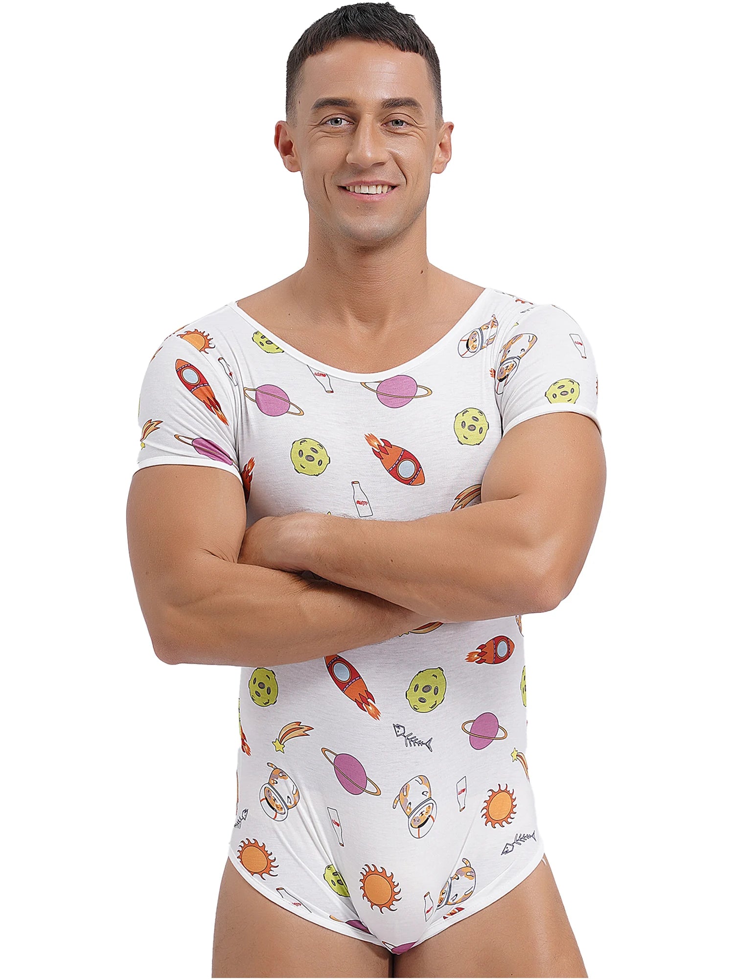 a sexy man in Intergalactic Yum Daddy’s Boy Printed Onesie, outer-space cute print, tight fit, cosmic baby boy fantasy – pridevoyageshop.com – gay men’s harness, lingerie and fetish wear