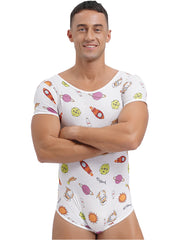 a sexy man in Intergalactic Yum Daddy’s Boy Printed Onesie, outer-space cute print, tight fit, cosmic baby boy fantasy – pridevoyageshop.com – gay men’s harness, lingerie and fetish wear