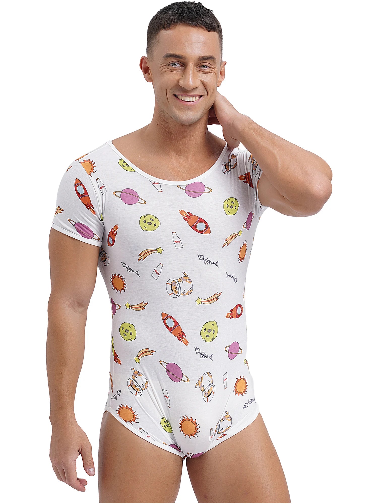 a sexy man in Intergalactic Yum Daddy’s Boy Printed Onesie, outer-space cute print, tight fit, cosmic baby boy fantasy – pridevoyageshop.com – gay men’s harness, lingerie and fetish wear