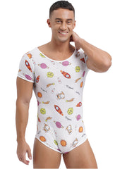 a sexy man in Intergalactic Yum Daddy’s Boy Printed Onesie, outer-space cute print, tight fit, cosmic baby boy fantasy – pridevoyageshop.com – gay men’s harness, lingerie and fetish wear