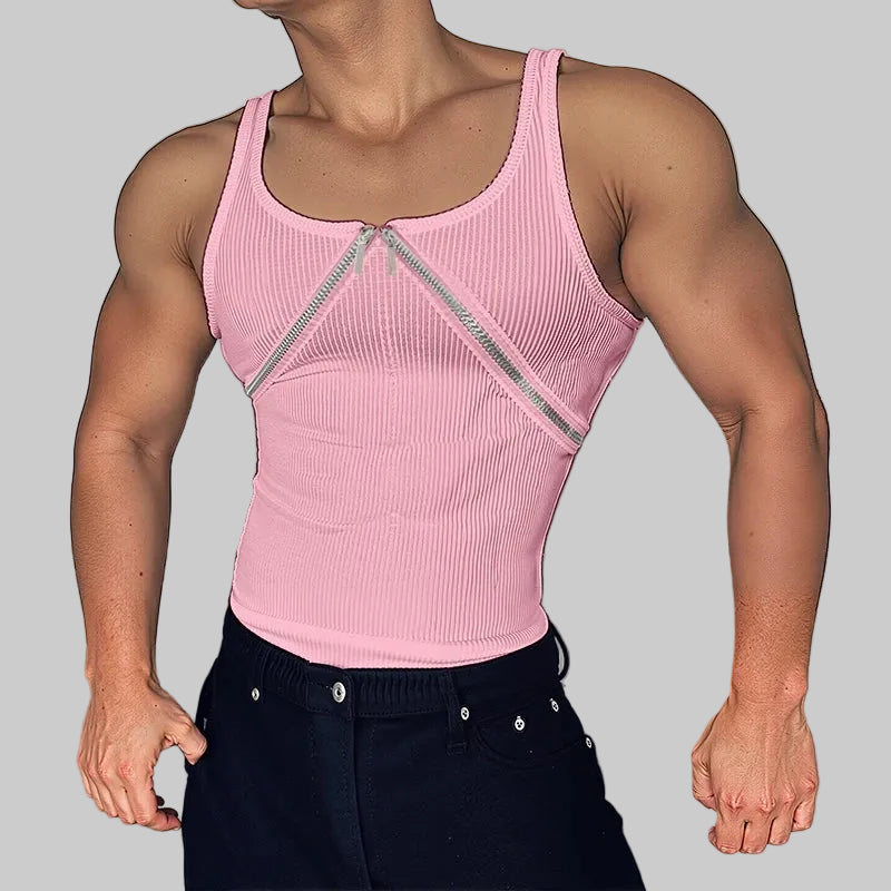 a sexy man in Light Pink Market Days Zip Detail Ribbed Tank - pridevoyageshop.com - gay men's fashion, clubwear, party outfit
