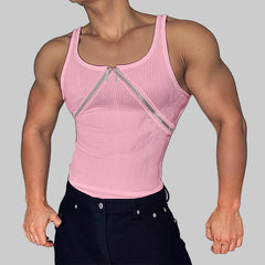 a sexy man in Light Pink Market Days Zip Detail Ribbed Tank - pridevoyageshop.com - gay men's fashion, clubwear, party outfit
