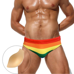 a sexy man in Men's Bottom of the Rainbow Swim Briefs with pad - pridevoyageshop.com - gay men’s sexy swim briefs, trunks, board shorts, and bikinis