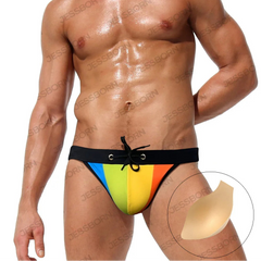 a sexy man in Men’s Pride Rainbow Stripes Swim Briefs with Pad - pridevoyageshop.com - gay men’s sexy swim briefs, trunks, board shorts, and bikinis