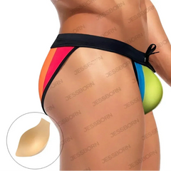 a sexy man in Men’s Pride Rainbow Stripes Swim Briefs with Pad - pridevoyageshop.com - gay men’s sexy swim briefs, trunks, board shorts, and bikinis