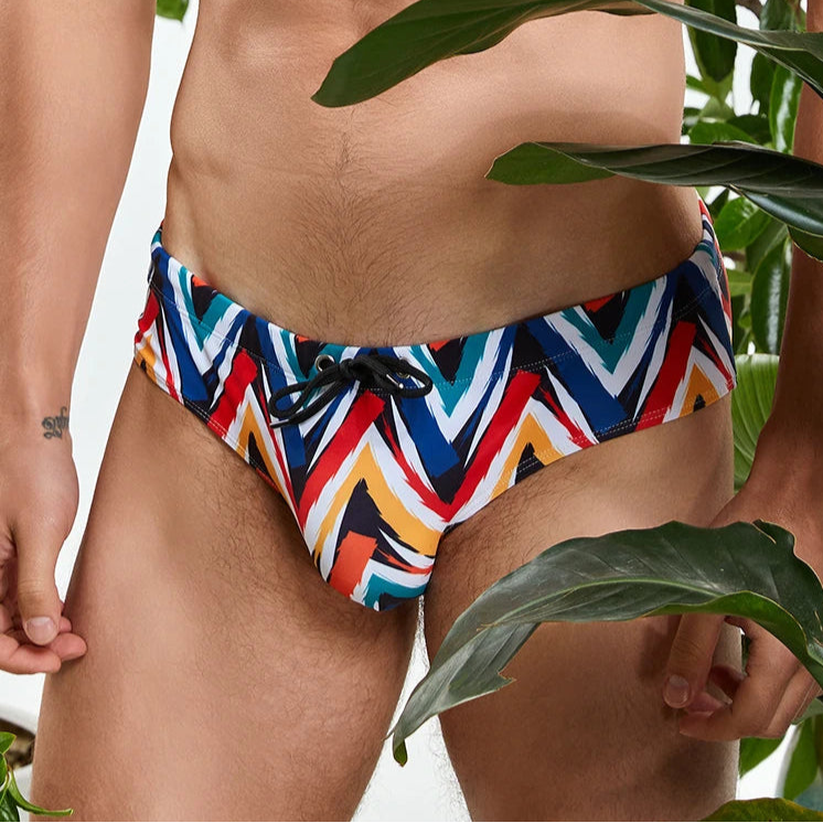 a sexy man in Men’s Zigzag Zaddy Swim Briefs - pridevoyageshop.com - gay men’s sexy swim briefs, trunks, board shorts, and bikinis