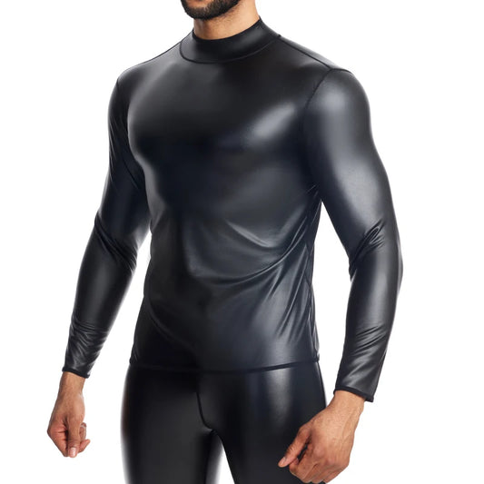 a sexy man in Mock Neck Black Blacksmith Armor Wetlook Long Sleeve - pridevoyageshop.com - gay men's fashion, clubwear, party outfit