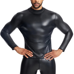 a sexy man in Mock Neck Black Blacksmith Armor Wetlook Long Sleeve - pridevoyageshop.com - gay men's fashion, clubwear, party outfit
