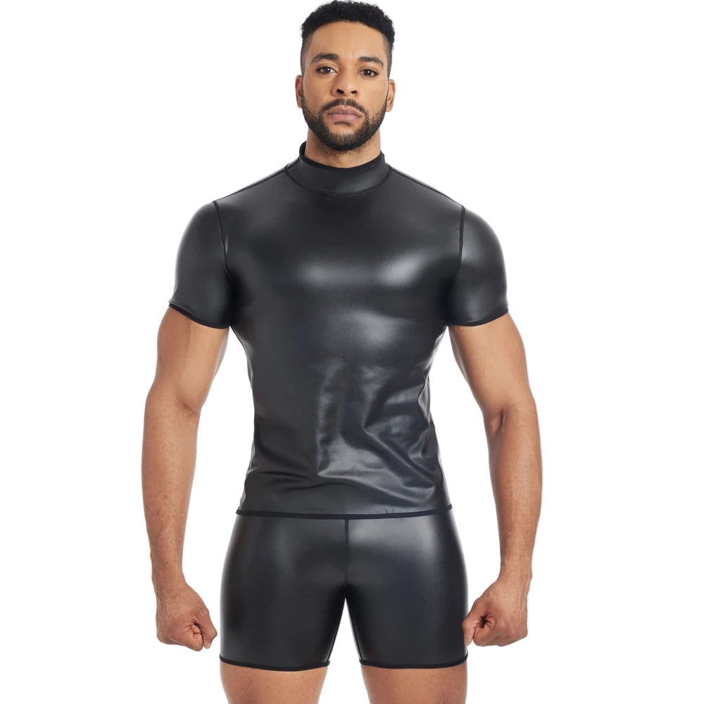 a sexy man in Mock Neck Black Blacksmith Armor Wetlook PU Fetish Top - pridevoyageshop.com - gay men's fashion, clubwear, party outfit
