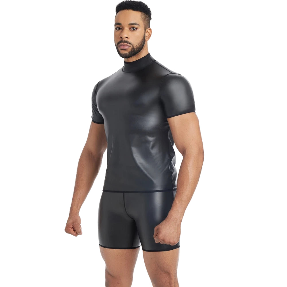 a sexy man in Mock Neck Black Blacksmith Armor Wetlook PU Fetish Top - pridevoyageshop.com - gay men's fashion, clubwear, party outfit