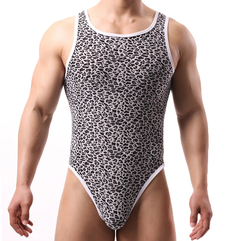 a sexy man in Moon Hunt Night Hunt Leopard Tank Bodysuit – pridevoyageshop.com – gay men’s harness, lingerie and fetish wear