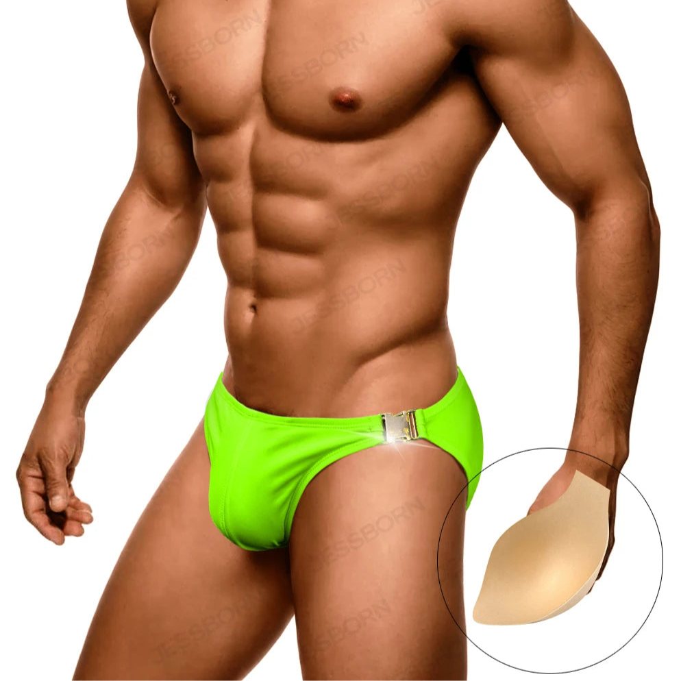 a sexy man in Neon green Men’s Climax Buckle Bulge Swim Briefs with pad - pridevoyageshop.com - gay men’s sexy swim briefs, trunks, board shorts, and bikinis