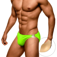 a sexy man in Neon green Men’s Climax Buckle Bulge Swim Briefs with pad - pridevoyageshop.com - gay men’s sexy swim briefs, trunks, board shorts, and bikinis