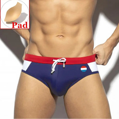 a sexy man in Netherlands flag Men’s World Play National Flags Swim Briefs with pad - pridevoyageshop.com - gay men’s sexy swim briefs, trunks, board shorts, and bikinis