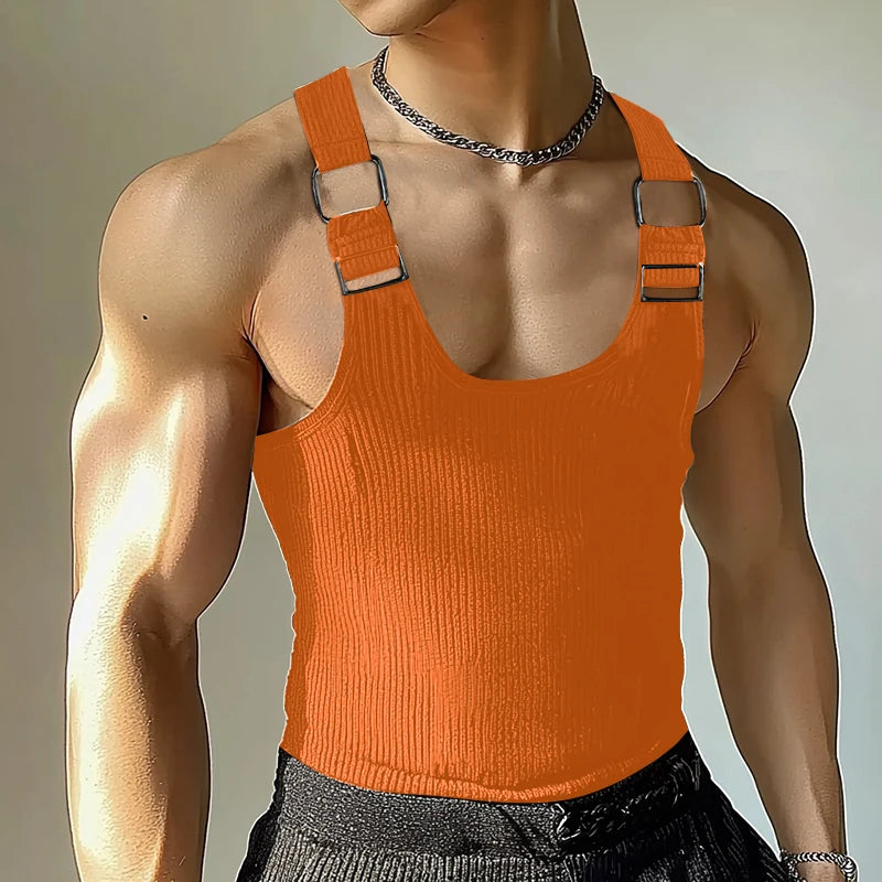 a sexy man in Orange Boystown Buckle Baby Ribbed Tank - pridevoyageshop.com - gay men's fashion, clubwear, party outfit
