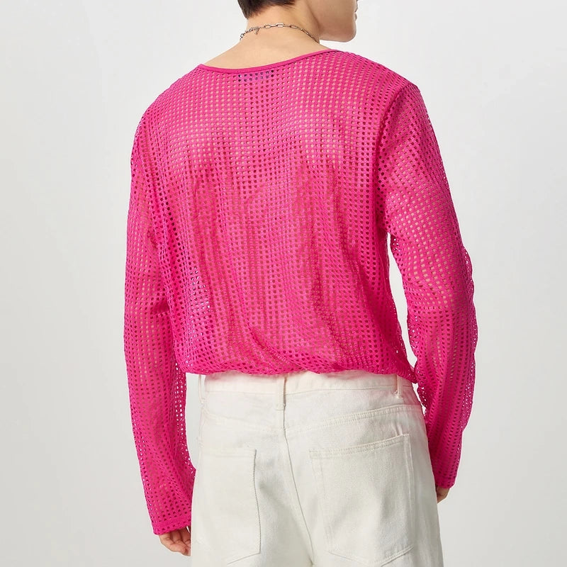 a sexy man in Pink Hook Fishnet Long Sleeve Top - pridevoyageshop.com - gay men's fashion, clubwear, party outfit
