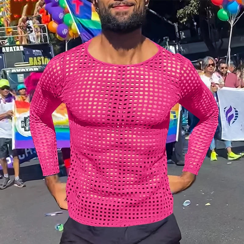 a sexy man in Pink Hook Fishnet Long Sleeve Top - pridevoyageshop.com - gay men's fashion, clubwear, party outfit
