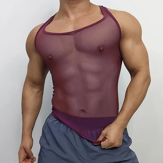 a sexy man in Purple Boys’ Night Party Mesh Tank - pridevoyageshop.com - gay men's fashion, clubwear, party outfit
