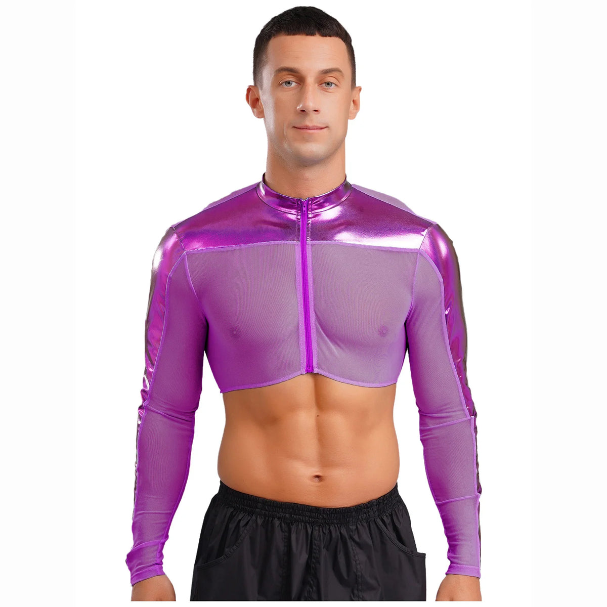a sexy man in Purple Hyperstrike Crop Jacket - pridevoyageshop.com - gay men's fashion, clubwear, party outfit
