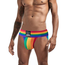a sexy man in Rainbow Pride Flash Bikini Brief - pridevoyageshop.com - gay men's underwear, Pride rainbow bikini
