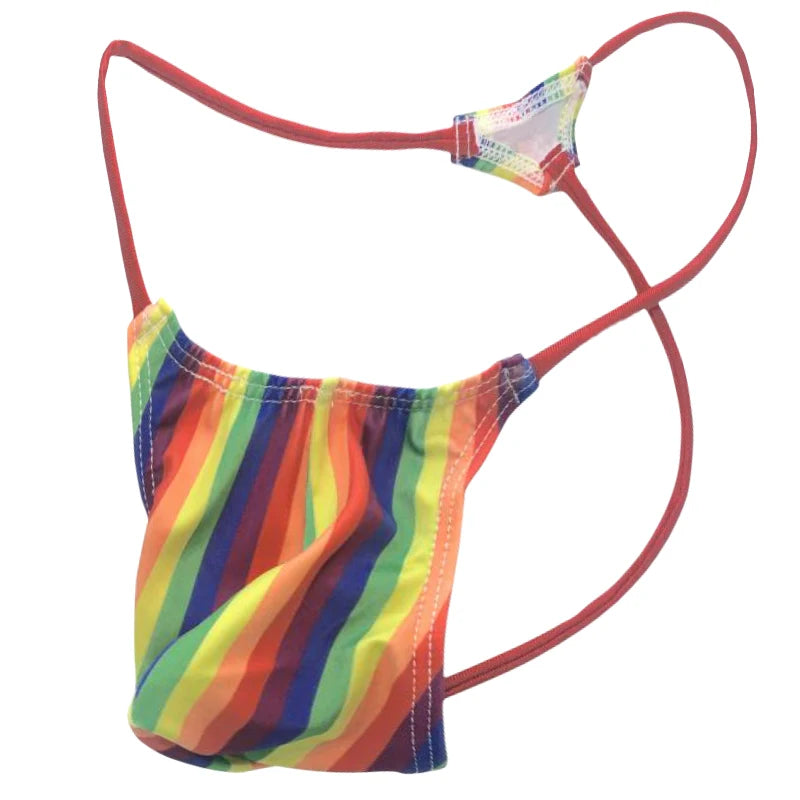 a sexy man in Rainbow Pride Strut Thong - pridevoyageshop.com - gay men's underwear, Pride rainbow thong