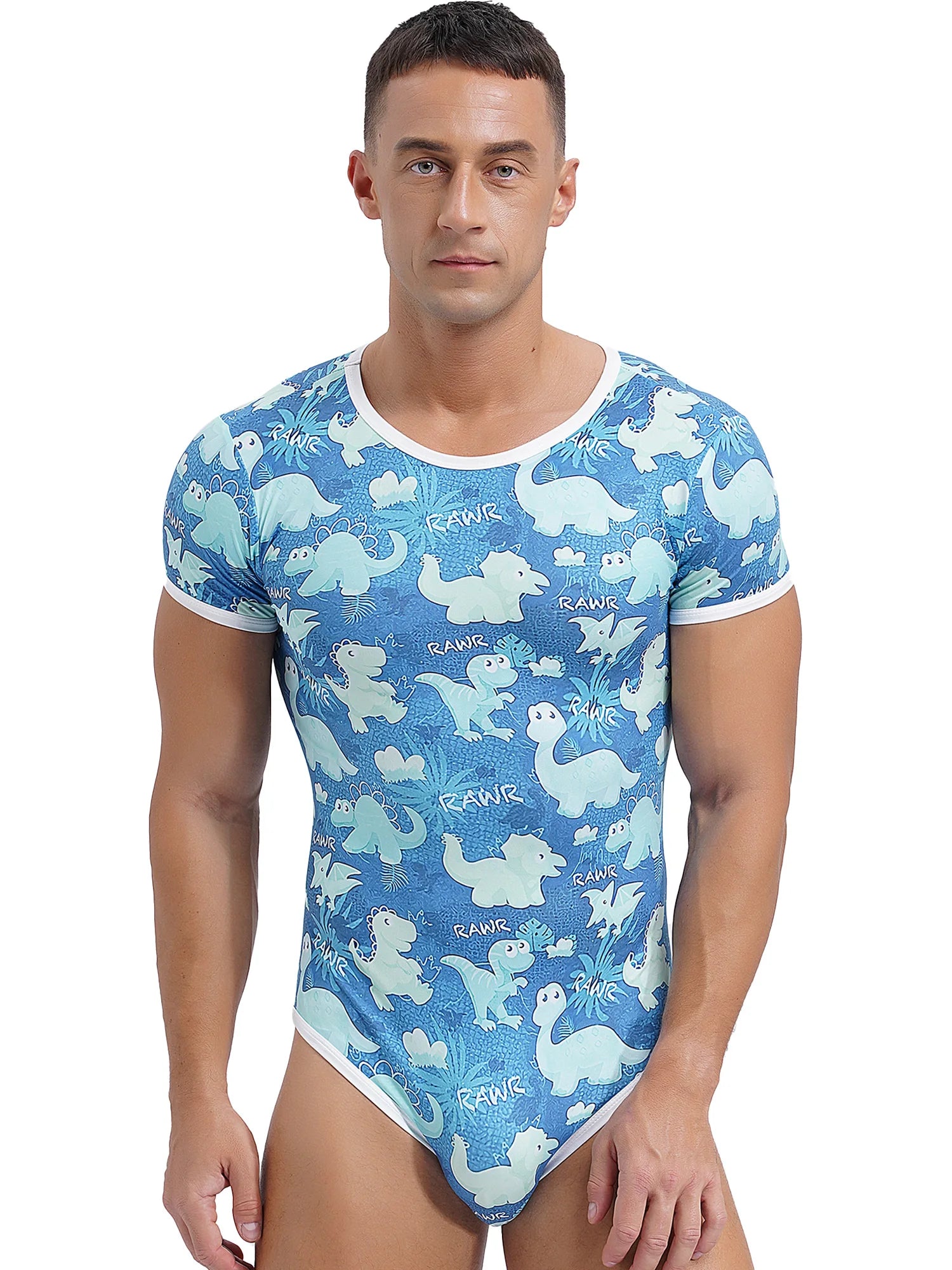 a sexy man in Rawr Baby Blue Daddy’s Boy Printed Onesie, soft baby-blue cartoon print, tight fit, cute boyish playful energy – pridevoyageshop.com – gay men’s harness, lingerie and fetish wear
