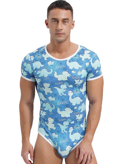 a sexy man in Rawr Baby Blue Daddy’s Boy Printed Onesie, soft baby-blue cartoon print, tight fit, cute boyish playful energy – pridevoyageshop.com – gay men’s harness, lingerie and fetish wear