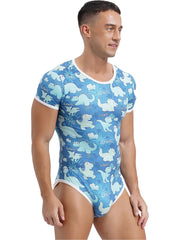 a sexy man in Rawr Baby Blue Daddy’s Boy Printed Onesie, soft baby-blue cartoon print, tight fit, cute boyish playful energy – pridevoyageshop.com – gay men’s harness, lingerie and fetish wear