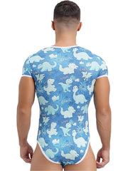 a sexy man in Rawr Baby Blue Daddy’s Boy Printed Onesie, soft baby-blue cartoon print, tight fit, cute boyish playful energy – pridevoyageshop.com – gay men’s harness, lingerie and fetish wear