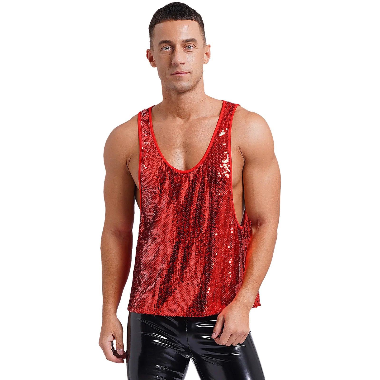 a sexy man in Red Bourbon Street Tease Deep Scoop Sequin Tank - pridevoyageshop.com - gay men's fashion, clubwear, party outfit
