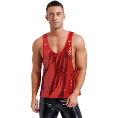 a sexy man in Red Bourbon Street Tease Deep Scoop Sequin Tank - pridevoyageshop.com - gay men's fashion, clubwear, party outfit
