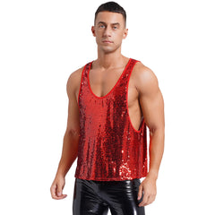 a sexy man in Red Bourbon Street Tease Deep Scoop Sequin Tank - pridevoyageshop.com - gay men's fashion, clubwear, party outfit
