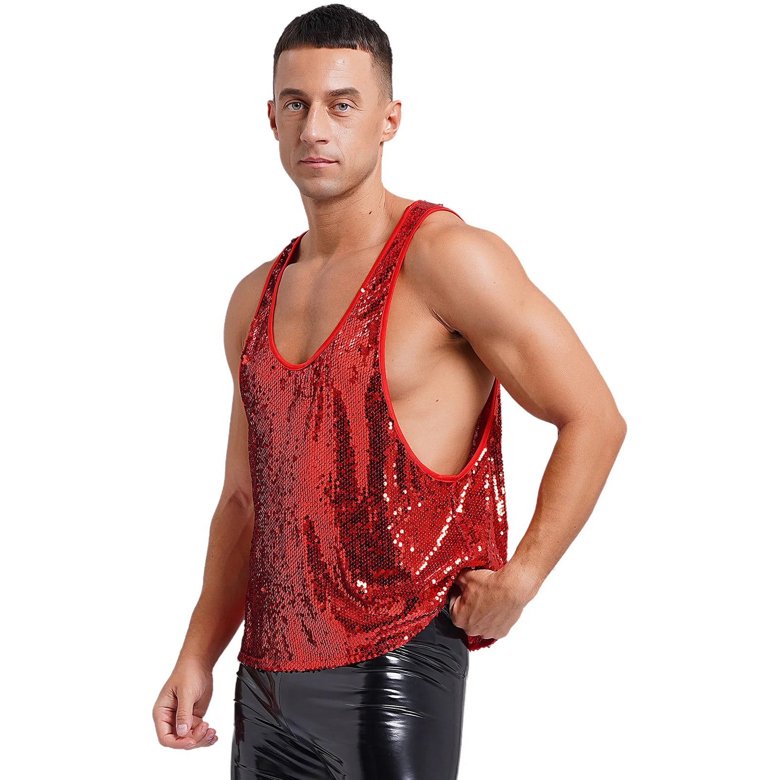 a sexy man in Red Bourbon Street Tease Deep Scoop Sequin Tank - pridevoyageshop.com - gay men's fashion, clubwear, party outfit
