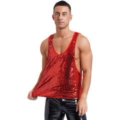 a sexy man in Red Bourbon Street Tease Deep Scoop Sequin Tank - pridevoyageshop.com - gay men's fashion, clubwear, party outfit
