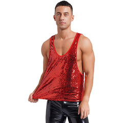 a sexy man in Red Bourbon Street Tease Deep Scoop Sequin Tank - pridevoyageshop.com - gay men's fashion, clubwear, party outfit
